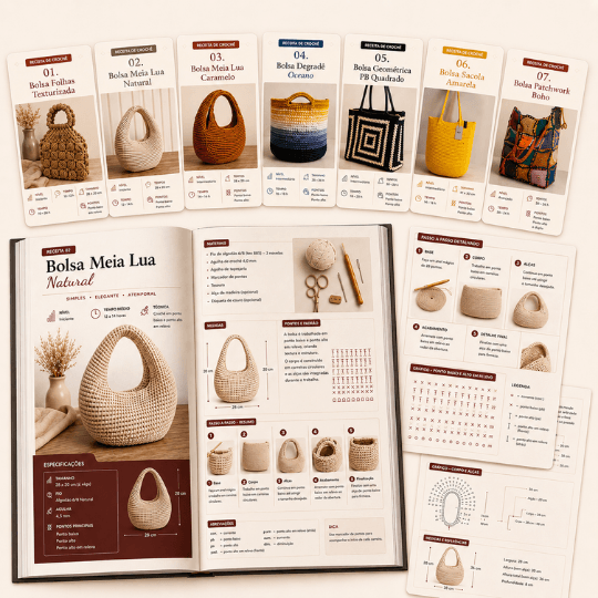 Mockup interno com receita aberta, gráfico, foto da bolsa pronta e lista de materiais