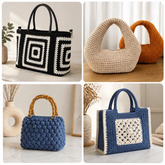 Mosaico de bolsas modernas de crochê