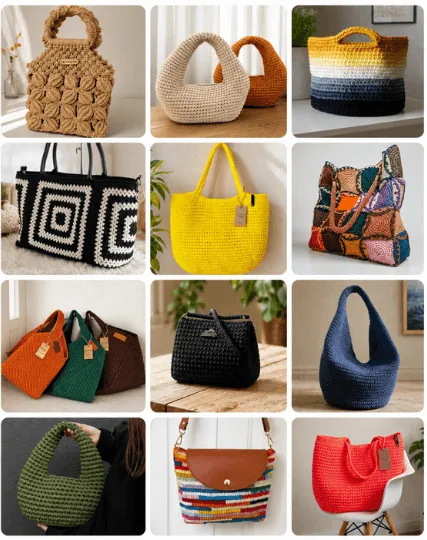 Mosaico com 20 a 30 modelos de bolsas de crochê